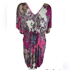 Pretty Pink Silky Paisley Flatter Fit V Neck Dress sz L